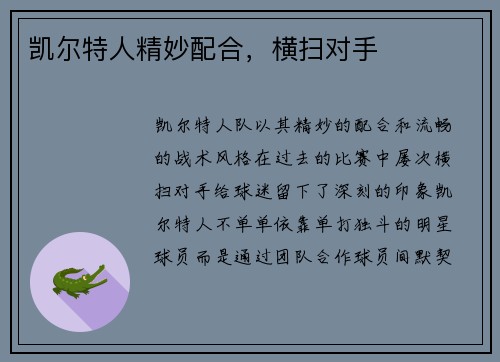 凯尔特人精妙配合，横扫对手
