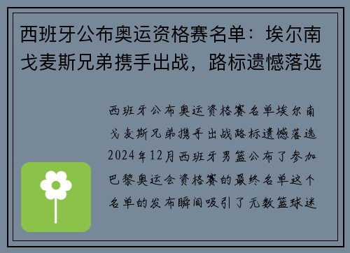 西班牙公布奥运资格赛名单：埃尔南戈麦斯兄弟携手出战，路标遗憾落选