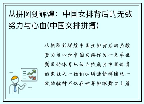 从拼图到辉煌：中国女排背后的无数努力与心血(中国女排拼搏)